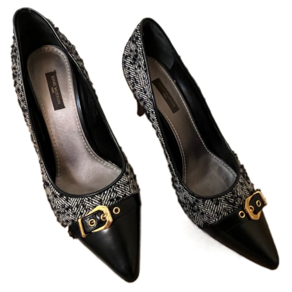 Louis Vuitton Black Leather Tweed Heels Size 37.5 - Picture 3 of 13